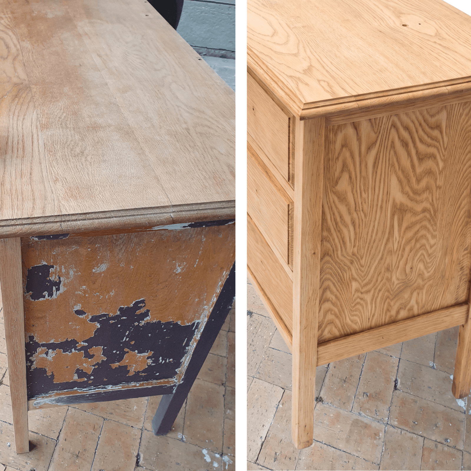 Oak chest of drawers during restoration, showing non-original paint before and after removal