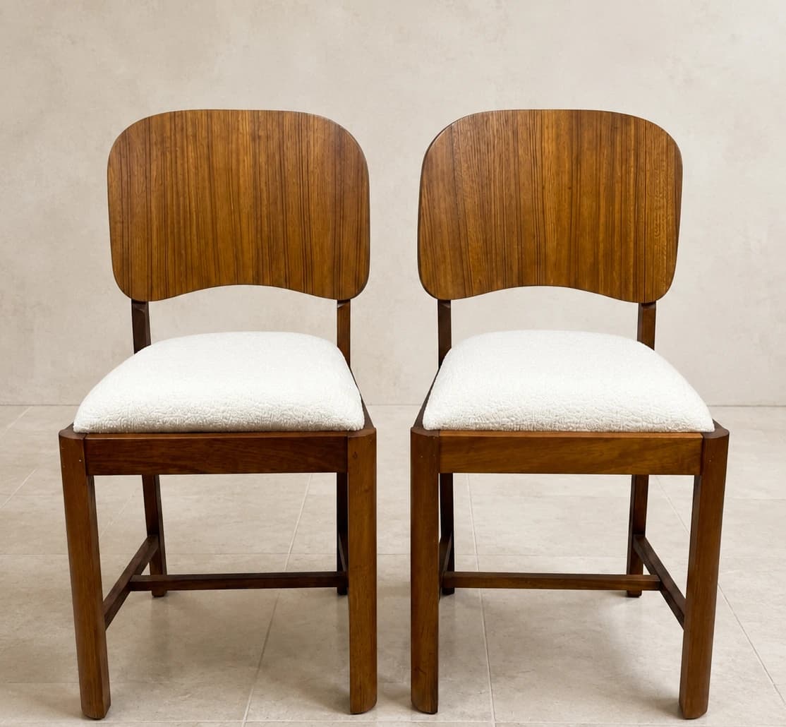 Pair of restored Duros dining chairs with timber backs and off-white bouclé upholstery