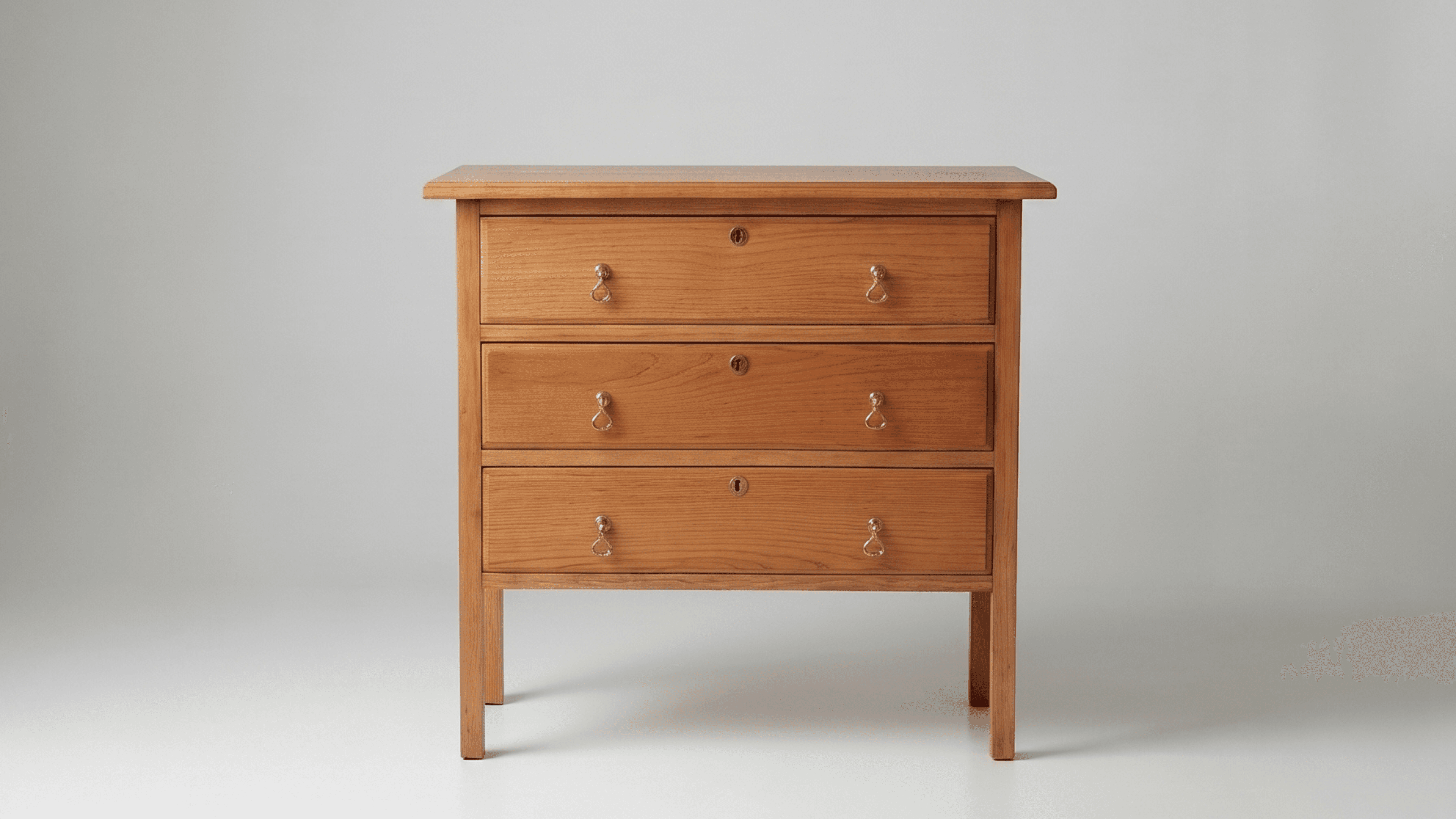 Solid Oak Chest of Drawers shown in full, honey-oak grain and period-accurate brass drop pulls