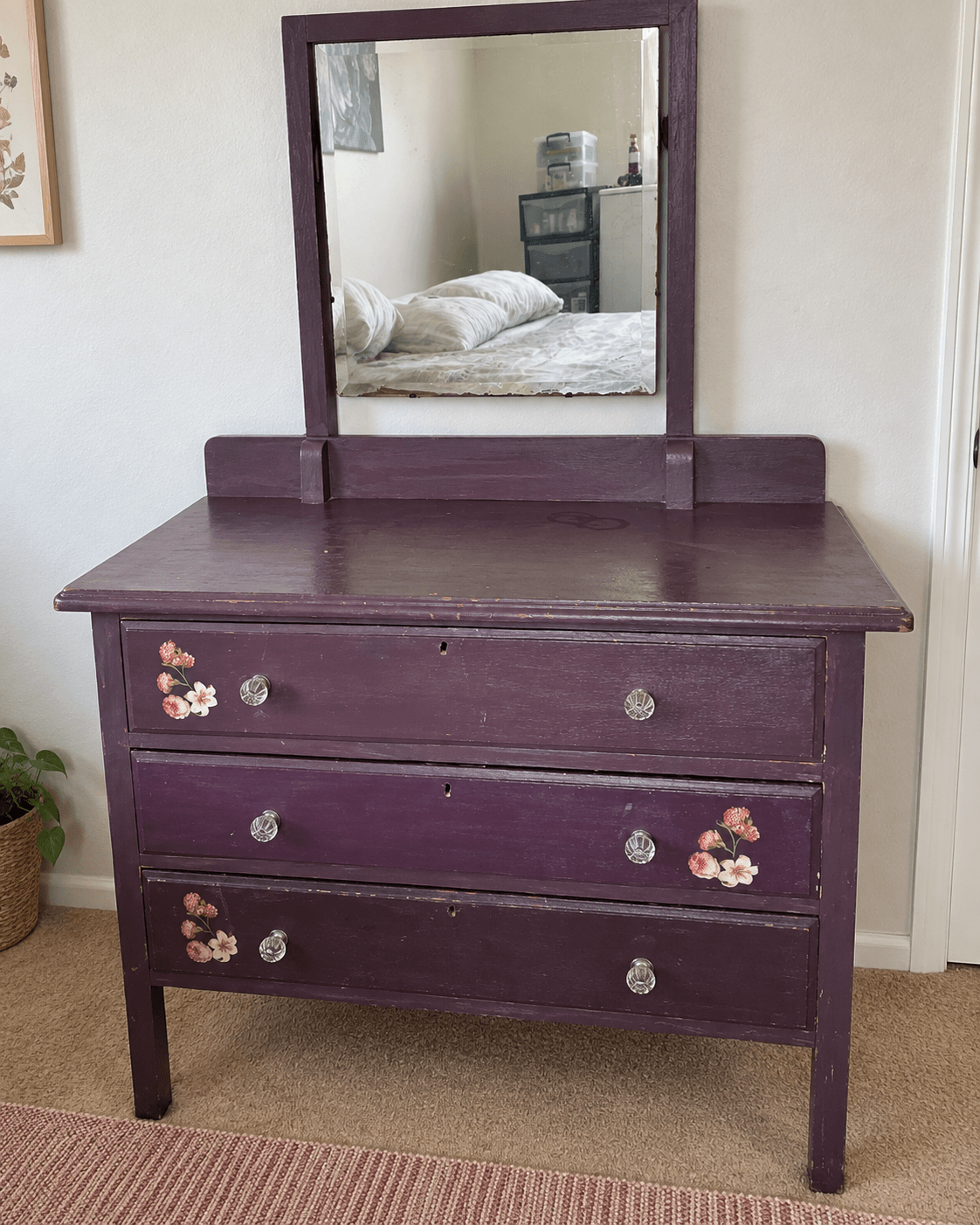The solid oak chest of drawers as received, still covered in non-original paint before restoration