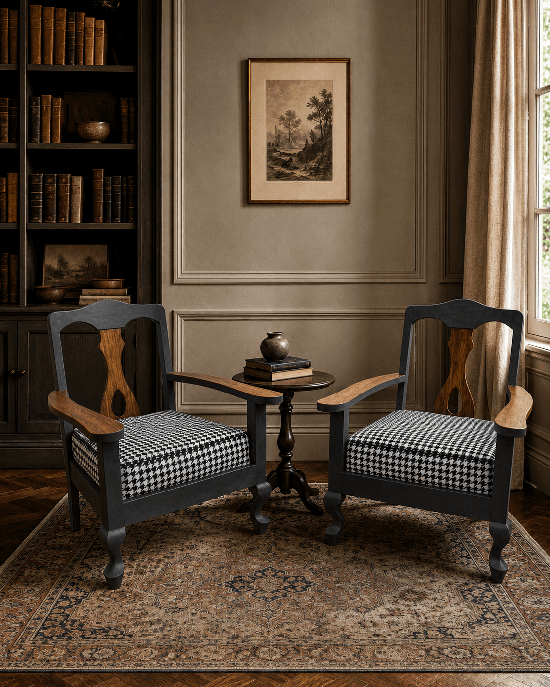 Teak Armchairs with Houndstooth Upholstery (Pair)